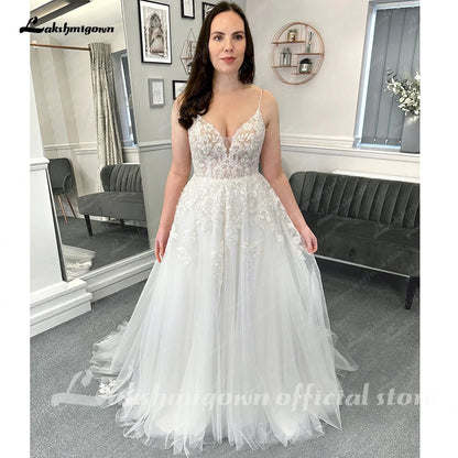 Roycebridal Beach Formal Wedding Dresses Sweep Train Sleeveless Spaghetti Strap Lace With Appliques 2025 Bridal Gowns