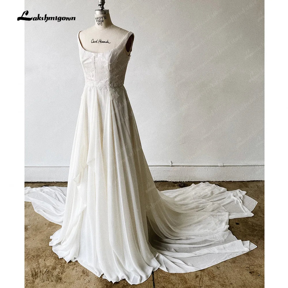 Lakshmigown Classic Spaghetti Strap Sleeveless Square Neck Simple Bridal Gown Sexy Backless Short Train Wedding Dress