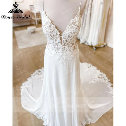 Boho Spaghetti Straps Wedding Dress V Neck Lace Appliqued Chiffon Backless