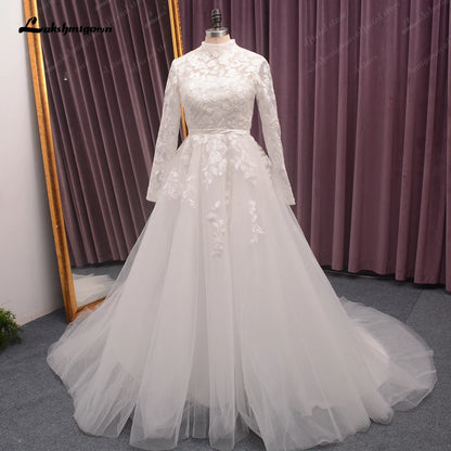 Roycebridal High Neck Lace Wedding Dress Women  Longe Sleeves Appliques Beach Bridal Gown vestido de boda corte sirena