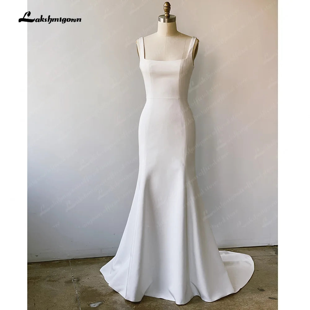 Lakshmigown Stretchy Crepe Scoop Neck Wedding Dress Backless Draped Trailing Stretch Satin