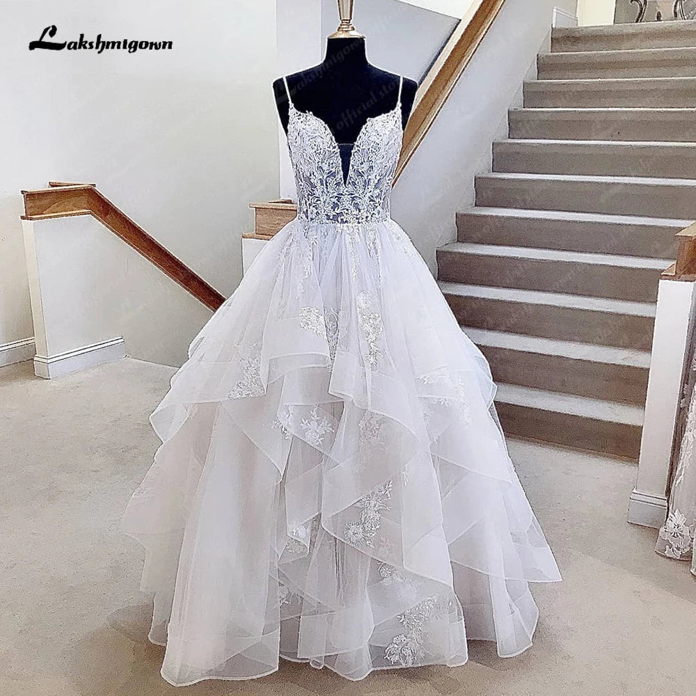 Lakshmigown Puffy Tulle Wedding Dress 2023 Vestidos Civil Boho Spaghetti Strap Long Bride Dress Elegant Party Gowns
