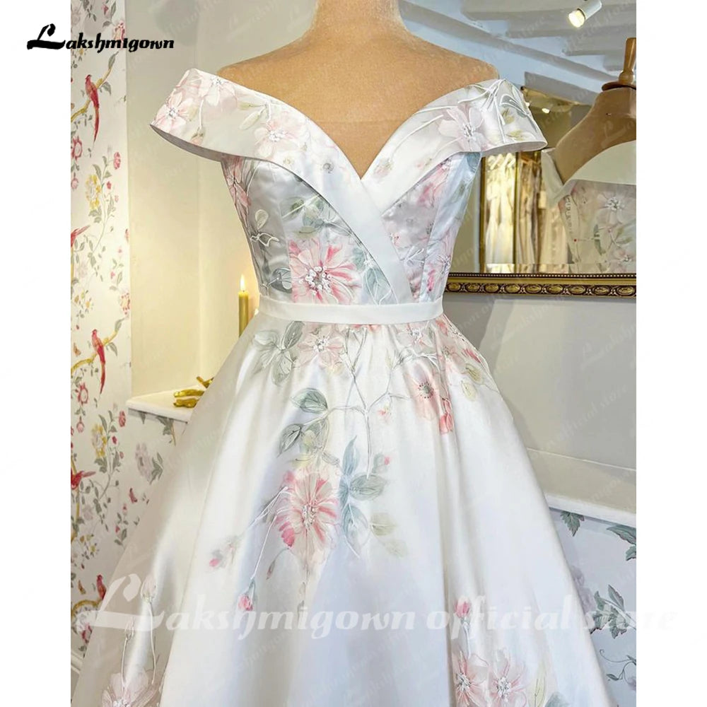 Lakshmigown Print Flower A Line Satin Bohemian Wedding Dress Boat Neck 2023 Boho Bridal Gowns estido de noiva