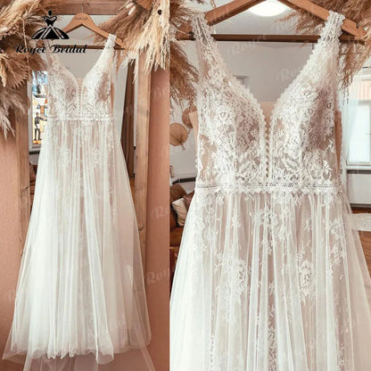 Boheme V Neck Lace Wedding Dress Backless Civil Beach