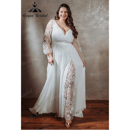 Boho Long Sleeve V Neck Lace Appliques Plus Size Wedding Dress
