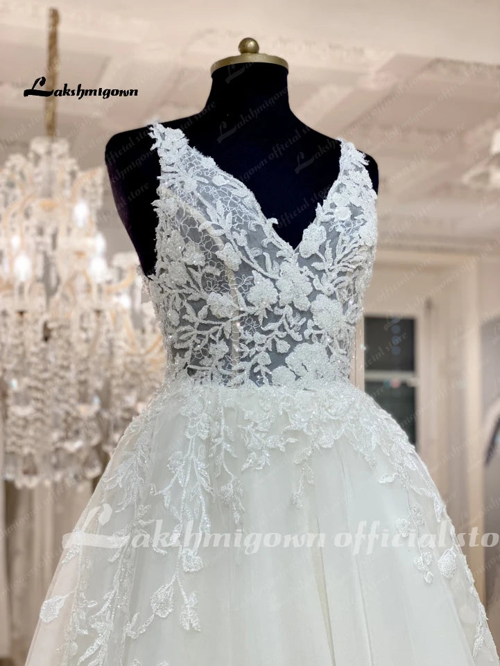 Roycebridal Floral Lace V Neck Glitter A Line Wedding Dress Lace Appliques 2025 Luxury Bridal Boho Beach Wedding Gowns Backless