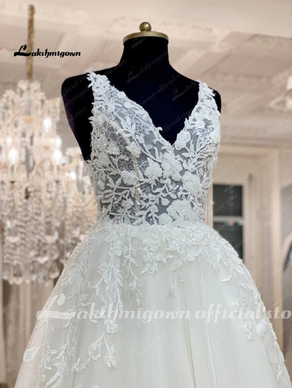 Roycebridal Floral Lace V Neck Glitter A Line Wedding Dress Lace Appliques 2025 Luxury Bridal Boho Beach Wedding Gowns Backless