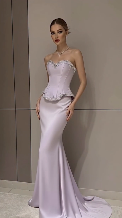 Elegant Strapless Satin Prom Dress with Pearl Corset Bodice Mermaid Evening Gown 2026