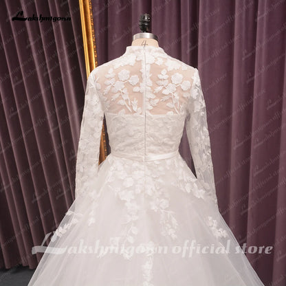 Roycebridal High Neck Lace Wedding Dress Women  Longe Sleeves Appliques Beach Bridal Gown vestido de boda corte sirena