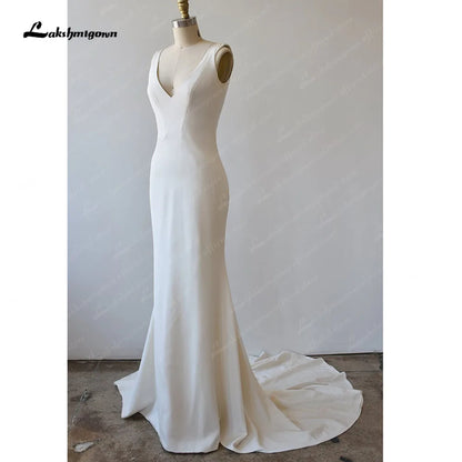 Roycebridal Sheath Crepe Wedding Dress Simple Custom Made Sleeveless Plunging V Neck Figure Hugging Buttons Backless Bridal Gown