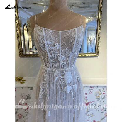 Roycebridal Split Side Lace Boho Women Wedding Dress for Bride Spaghetti Straps Wedding Gown batas de novia para