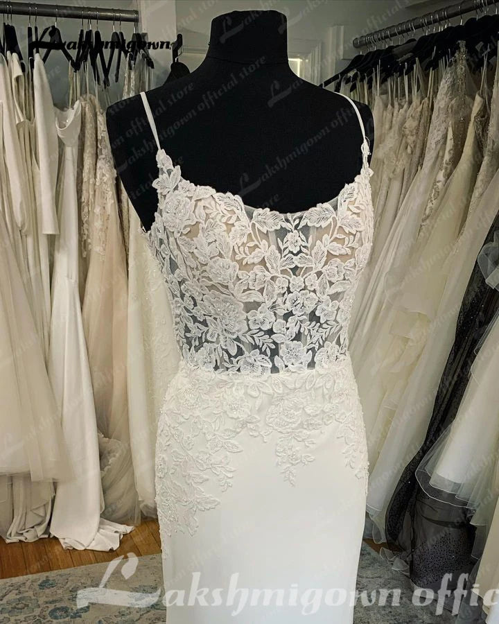 Lakshmigown Sexy Crepe Mermaid Wedding Gowns 2024 Robe Boheme Spaghetti Straps Cut Out Train Lace