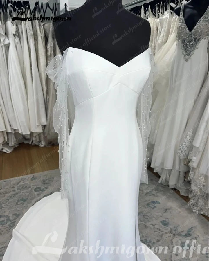 Lakshmigown Off the Shoulder Long Sleeves Crepe Wedding Gowns 2024 Bohemen Boho Bridal Dress