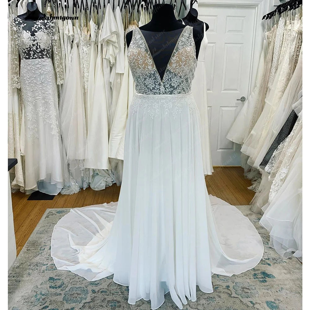Lakshmigown Boho Bridal Deep V Wedding Dresses A Line 2024 Robe Longue