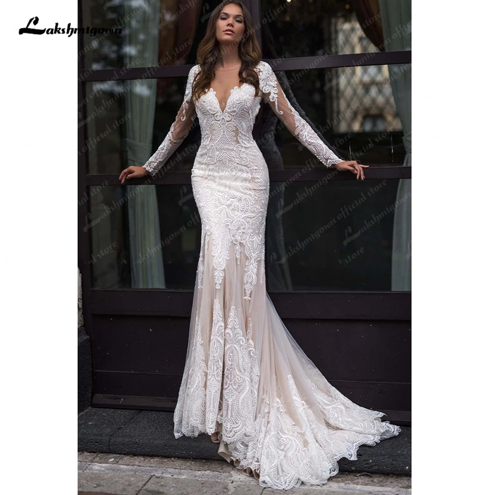 Lakshmigown Long Sleeves Mermaid Wedding Dress Champagne Lace Appliques Boho Bridal Gown  vestido para boda playa