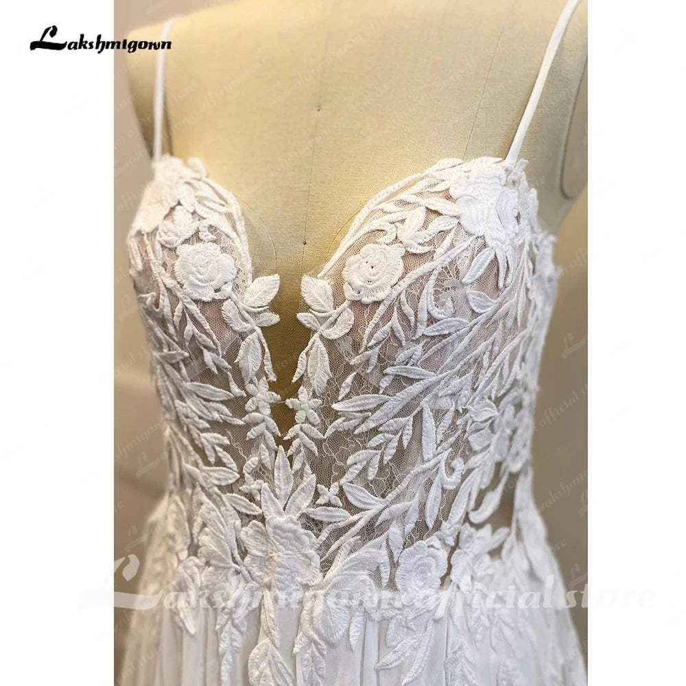 Lakshmigown Lace Appliques Chiffon Open Back V-neck Spaghetti Straps Beach Wedding Dress A Line 2023 Vestido Novia