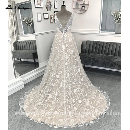 Roycebridal Vintage Champagne Full Lace Boho Wedding Dress 2025 Vestidos Noivas V Neck Sexy Bridal Wedding Gowns Open Back