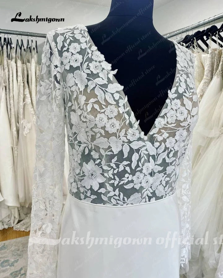 Lakshmigown Long Sleeves Crepe Wedding Gowns 2023 Robe Boheme Lace Deep V Neck Appliques A Line Boho Bridal Dress