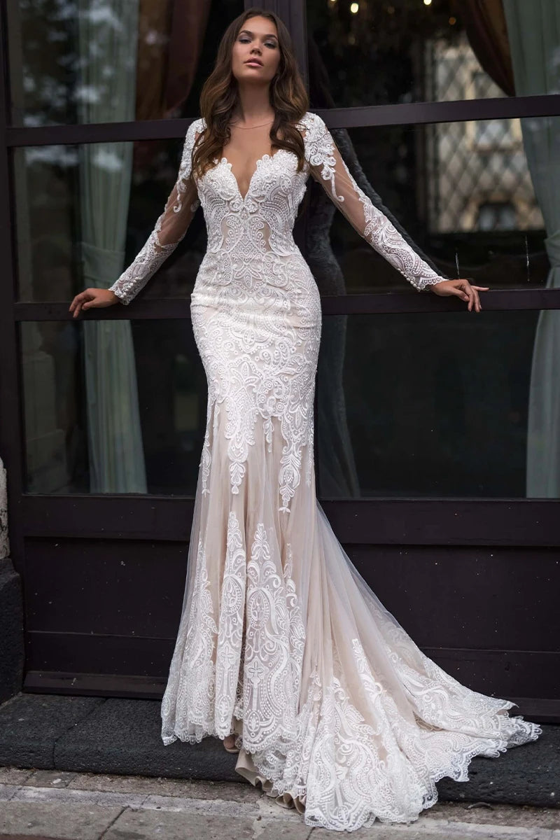 Lakshmigown Long Sleeves Mermaid Wedding Dress Champagne Lace Appliques Boho Bridal Gown  vestido para boda playa