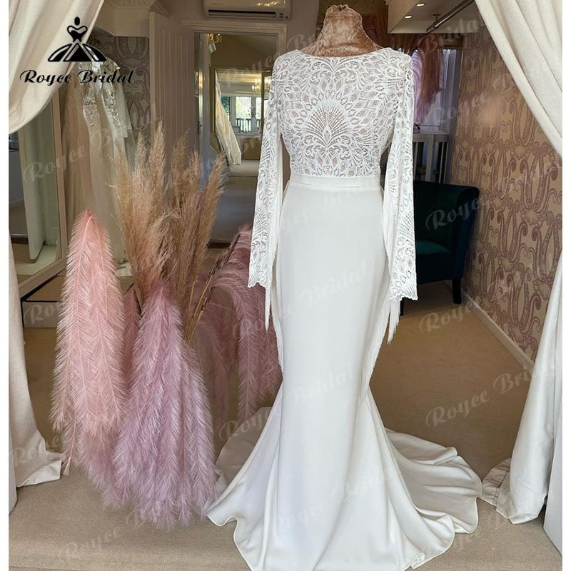 Sexy Bohemian Mermaid Wedding Gowns 2023 Robe Civil Satin Tassel Long Sleeve Bridal Boho Lace Bodice Wedding Gowns Open Back