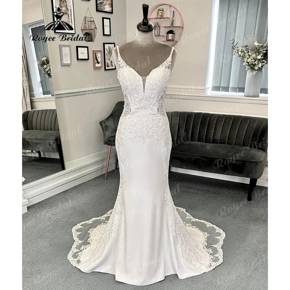 Sexy Boho Civil Mermaid Lace V Neck Crepe Wedding Dress 2024 Spaghetti Straps Reception Dresses for Bride Gown robe de soiree