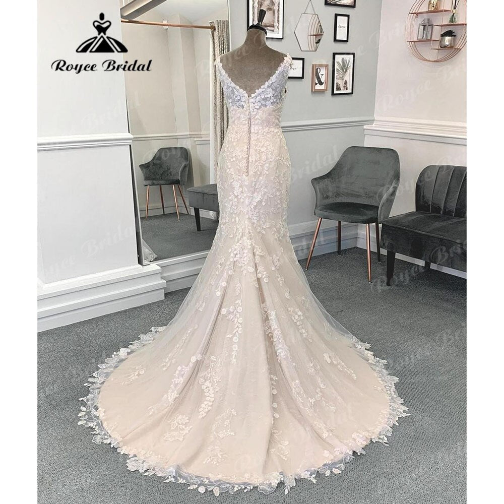 Sexy Lace Appliques Chamapgne Mermaid Backless Wedding Dress for Women 2024 Bridal Gown Custom Made vestido de boda corte sirena