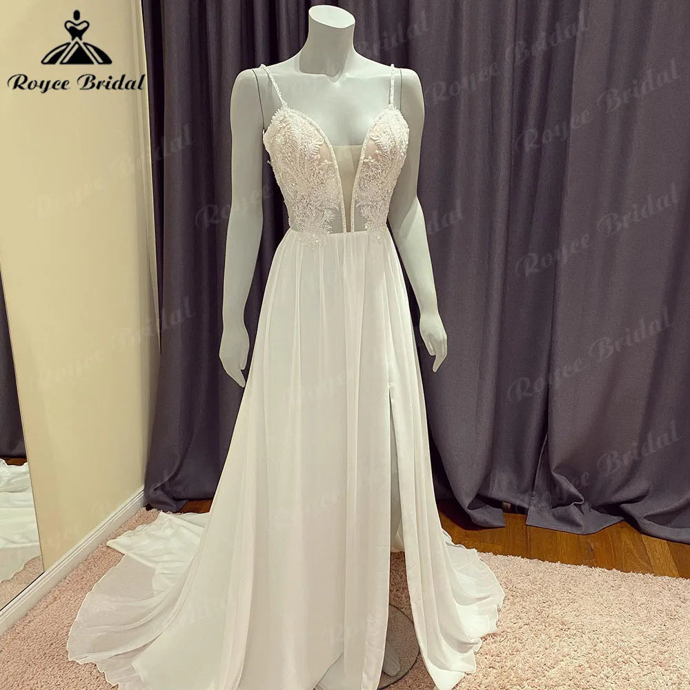 Roycebridal Sexy Plunging Split Side Deep V Neck Lace Boheme Boho Chic Wedding Dress 2024 Chiffon Spaghetti Straps Beach Bridal Gown Robe