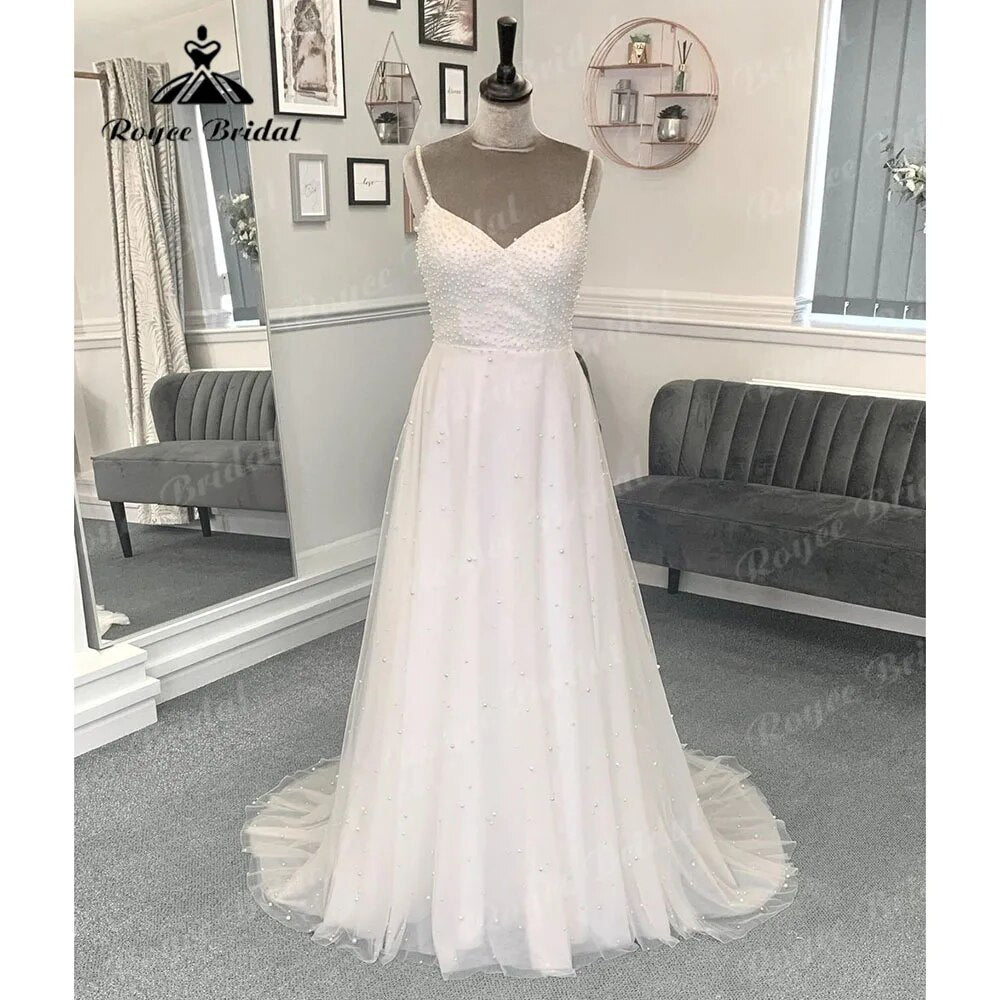 Sexy Spaghetti Straps Backless V Neck Pearls Wedding Dress Women 2024 Robe Mariee Reception Dress for Bride Vestidos de Novia