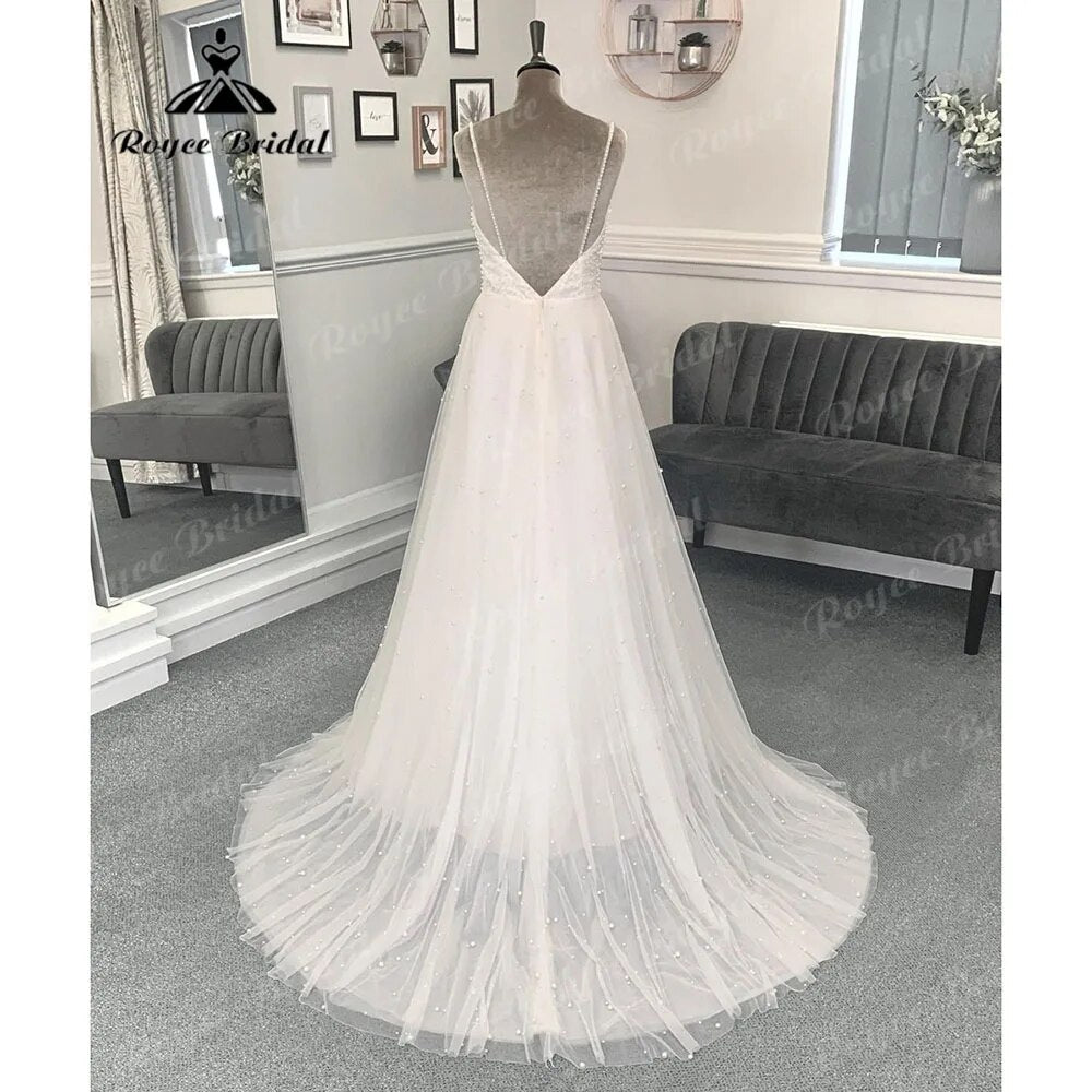 Sexy Spaghetti Straps Backless V Neck Pearls Wedding Dress Women 2024 Robe Mariee Reception Dress for Bride Vestidos de Novia