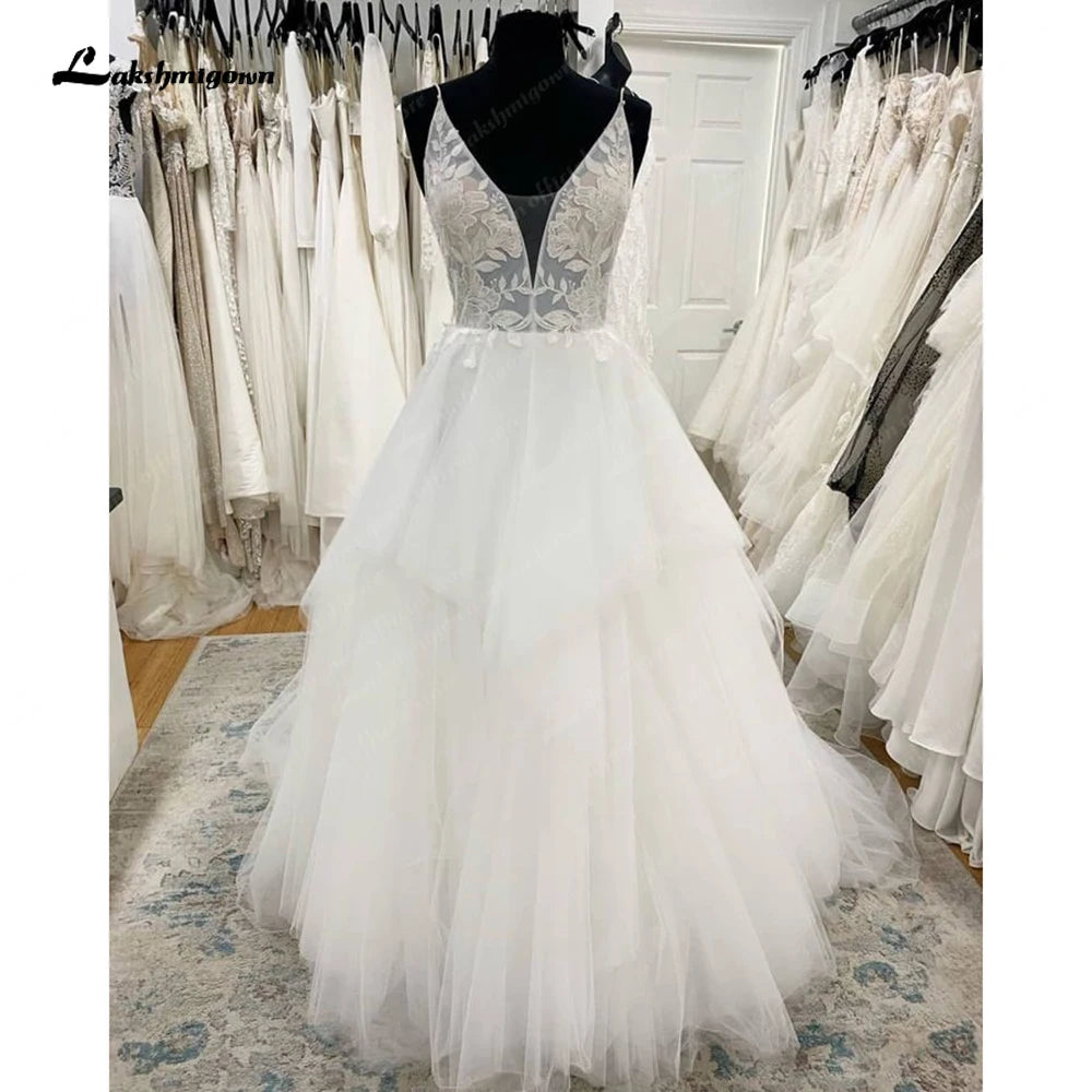 Lakshmigown Spaghetti Straps Wedding Dress Tiered V-Neck Princess Bride Gown Tulle Backless Zipper Vestido De Noiva