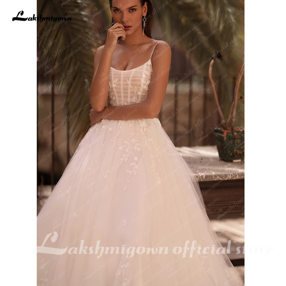 Roycebridal Soft Tulle Lace Boho Wedding Dress for Women  Spaghetti Straps Backless Bridal Gown robe boheme femme