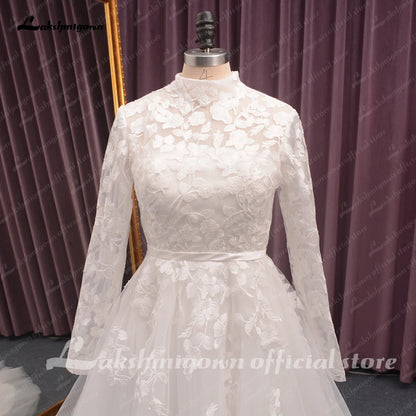 Roycebridal High Neck Lace Wedding Dress Women  Longe Sleeves Appliques Beach Bridal Gown vestido de boda corte sirena
