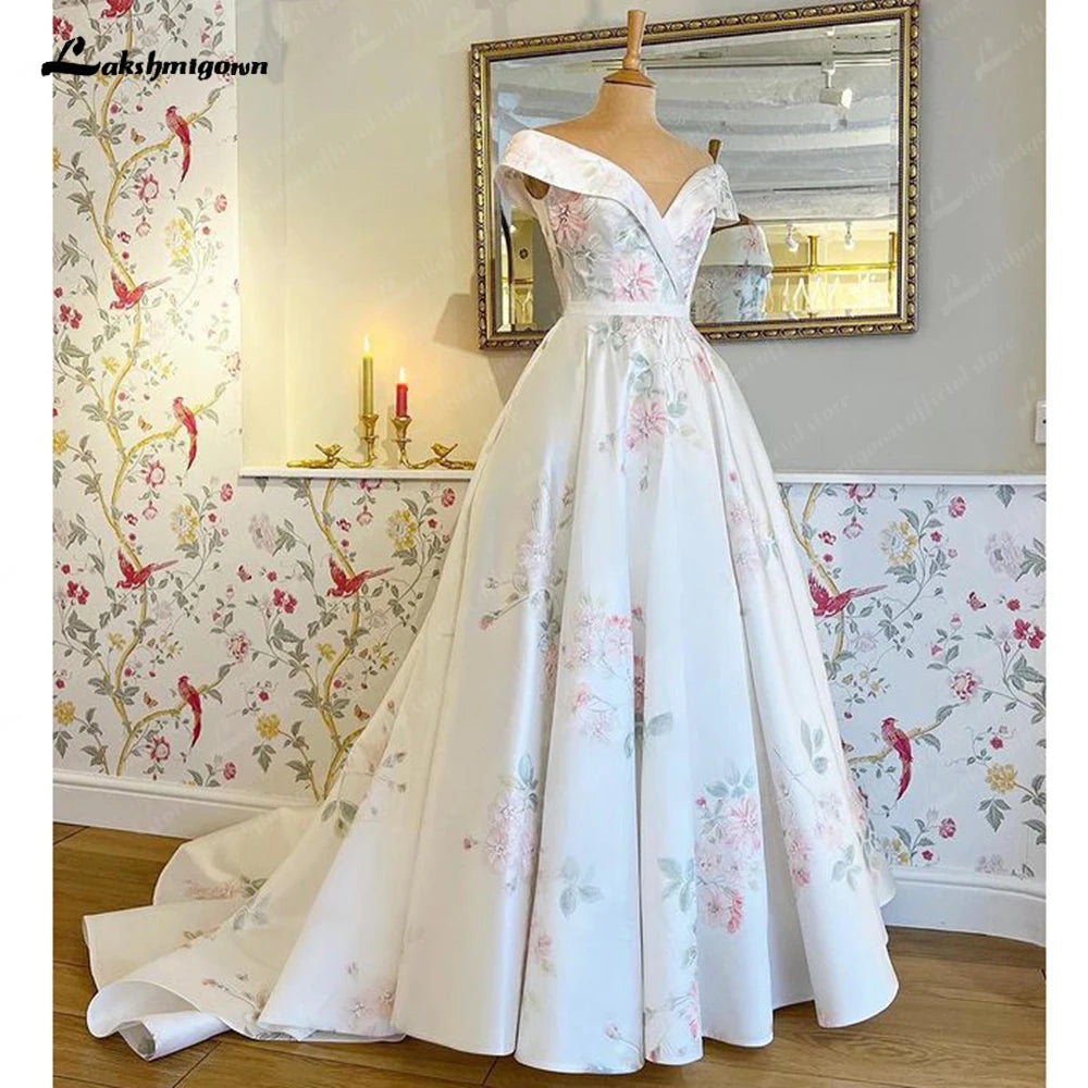 Lakshmigown Print Flower A Line Satin Bohemian Wedding Dress Boat Neck 2023 Boho Bridal Gowns estido de noiva