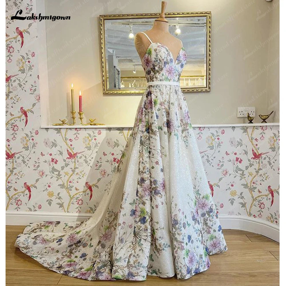 Lakshmigown Print Flower A Line Boho Bohemian Women Wedding Dress Satin Spaghetti Straps 2023 Boho Bridal Gowns estido de noiva