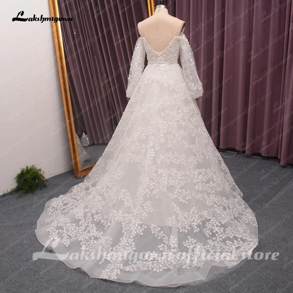 Roycebridal Off Shoulder Fulll Lace Wedding Dress Women  Fuffy Longe Sleeves Beach Bridal Gown Robe de mariee