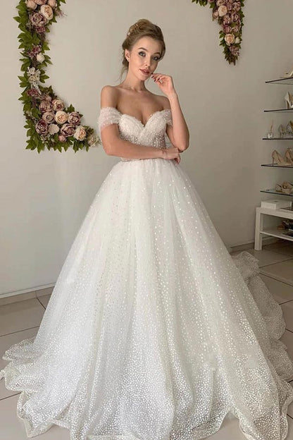Shiny Ivory Tulle A-line Off Shoulder Wedding Dresses, Bridal Gowns, MW849 | bohemian wedding dress | bridal style | wedding dress store | musebridals.com