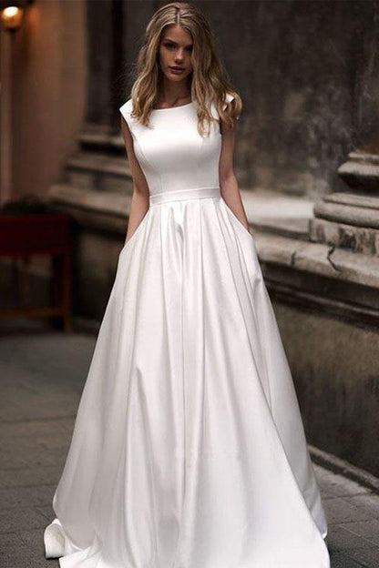 Simple Ivory Satin Vintage A-line Princess Wedding Dresses With Pockets, MW698 | ivory wedding dresses | satin wedding dresses | a line wedding dresses | www.musebridals.com