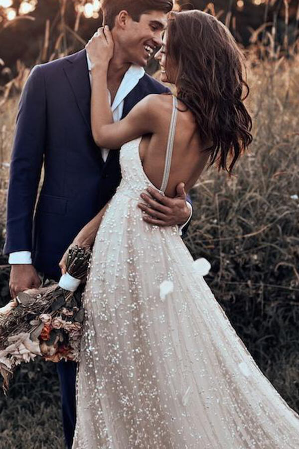 Simple Tulle A-line V-neck Backless Spaghetti Starps Wedding Dresses, MW568 | a line wedding dresses | v neck wedding dresses | wedding gowns | www.musebridals.com