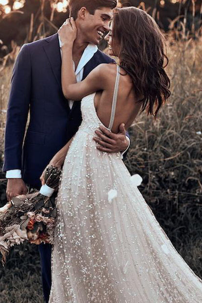 Simple Tulle A-line V-neck Backless Spaghetti Starps Wedding Dresses, MW568 | a line wedding dresses | v neck wedding dresses | wedding gowns | www.musebridals.com