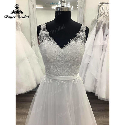 Roycebridal BRIDE,BRIDE EXPLORE All Wedding Dresses,BRIDE EXPLORE Custom Wedding Dresses 👗,BRIDE EXPLORE Plus SizeSleeveless Princess Women A Line Wedding Gowns Backless 2025 Tulle Long Elegant Bridal Boho Wedding Dress V neck Lace Applique