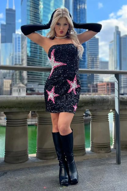 Sparkly Black Strapless Sequins Bodycon Short Homecoming Dress