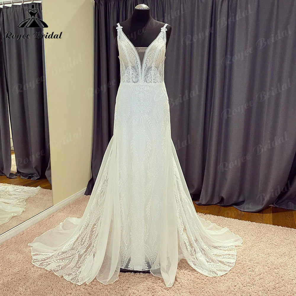 Summer Civil Boho Chiffon Lace Mermaid Wedding Dress for Women 2024 V Neck Backless Wedding Gown for Bridal abito da sposa Sexy