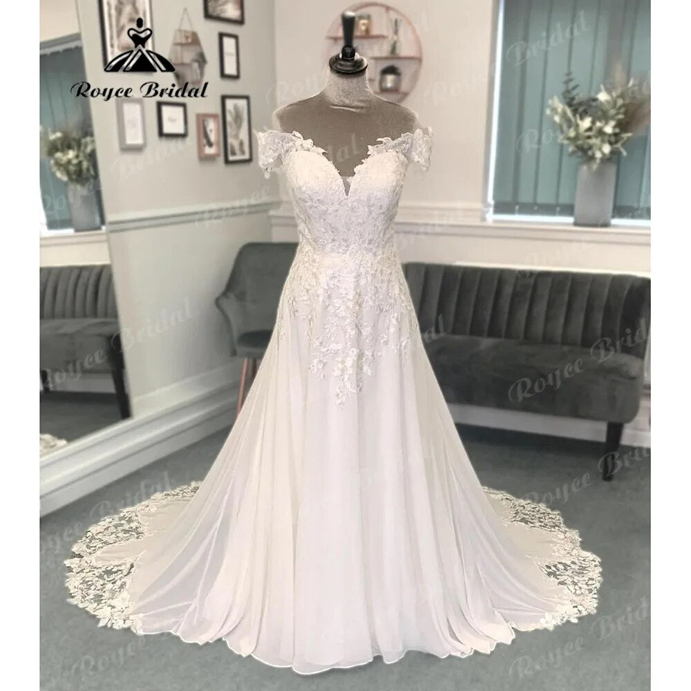 Summer Civil Lace Chiffon Off Shoulder Boho V Neckline Wedding Dress 2024 Robe Mariee Sexy Bridal Gown vestido para boda playa