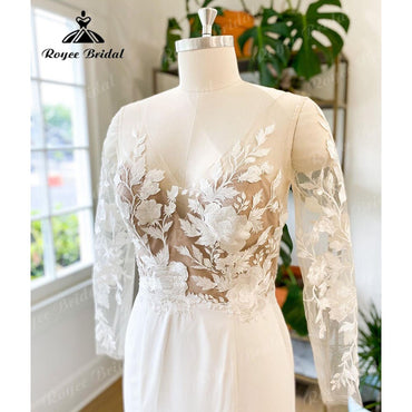 Roycebridal Sommer Langarm Spitze Weiches Satin Meerjungfrau Hochzeitskleid V-ausschnitt 2025 Applikationen Brautkleid Sweep Zug robe robe de mariée sirèn 
