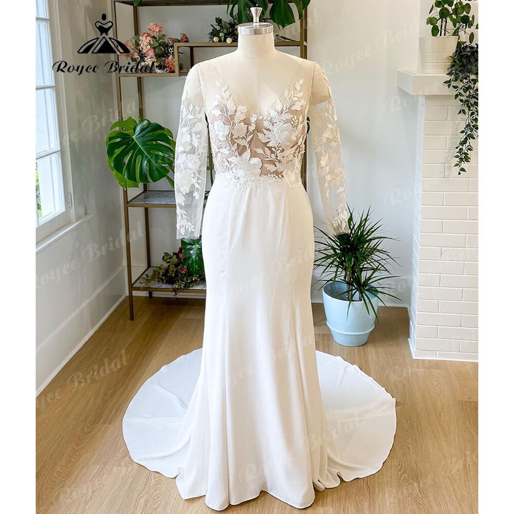 Roycebridal Sommer Langarm Spitze Weiches Satin Meerjungfrau Hochzeitskleid V-ausschnitt 2025 Applikationen Brautkleid Sweep Zug robe robe de mariée sirèn 