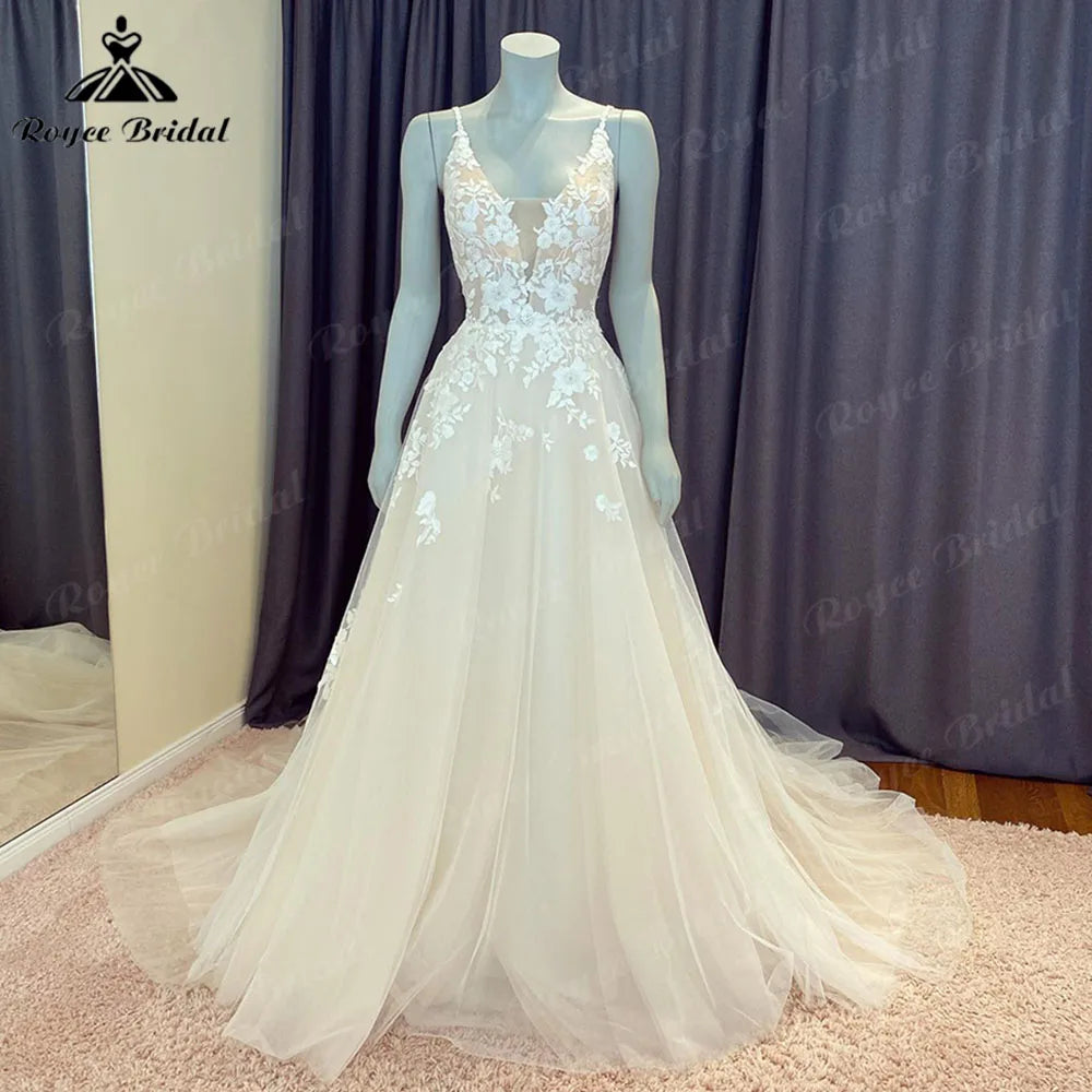 Roycebridal Summer Robe Civil Lace Boho Wedding Dress with V Neck  Spaghetti Straps Bridal Gown Custom Made vestido de novia Roycebridal