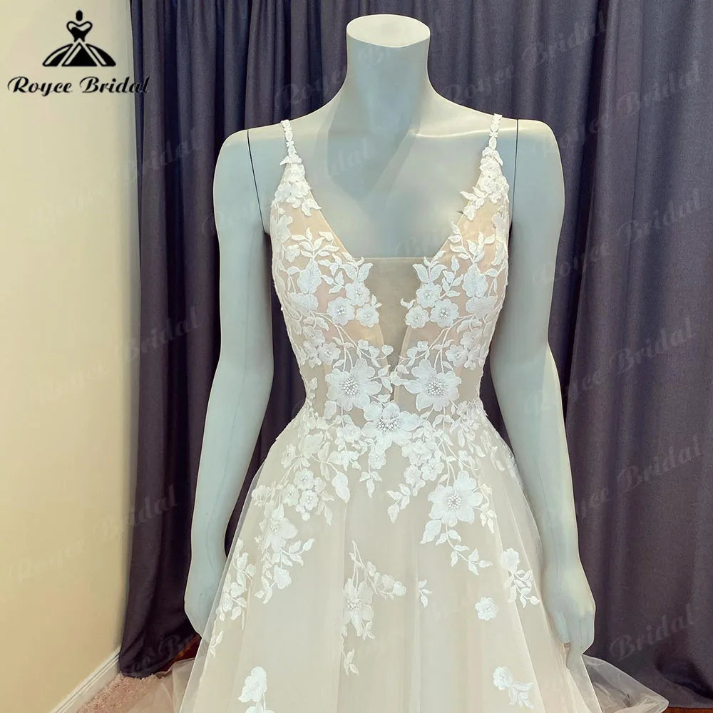 Summer Robe Civil Lace Boho Wedding Dress with V Neck 2024 Spaghetti Straps Bridal Gown Custom Made vestido de novia Roycebridal