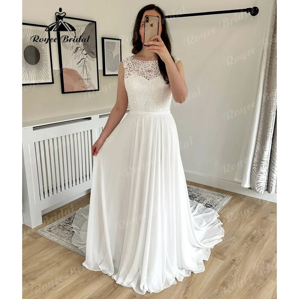 Summer Sleeveless Lace Bodice Chiffon A Line Boho Wedding Dress for Women Beach Bridal Gown vestido para boda playa Sexy