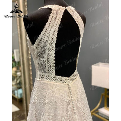 Roycebridal BRIDE,BRIDE EXPLORE All Wedding Dresses,BRIDE EXPLORE Custom Wedding Dresses 👗,BRIDE EXPLORE Plus SizeTrouwjurk Lace Halter A Line Boho Wedding Dress Sweep Train Open Back 2025 Vinatge Boho Wedding Gowns Custom Made robe de mariée