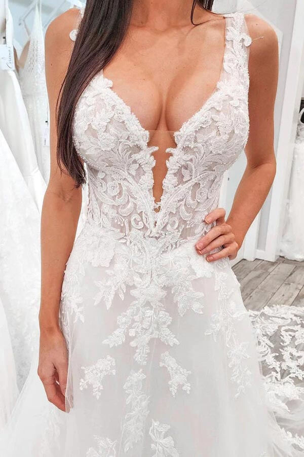 Tulle A-line V-neck Lace Appliques Wedding Dresses With Chapel Train, MW888 | v neck wedding dresses | ivory wedding dresses | beach wedding dress | musebridals.com